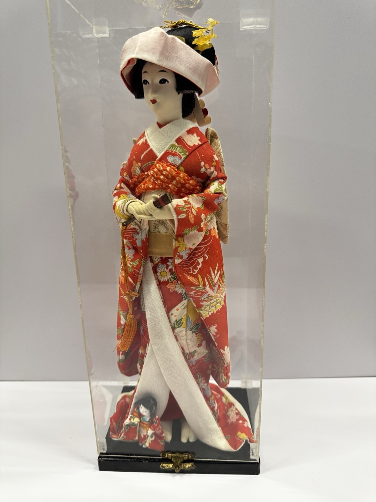 Vintage Japanese Geisha Doll 15” Silk Kimono in Wooden Glass Display Case