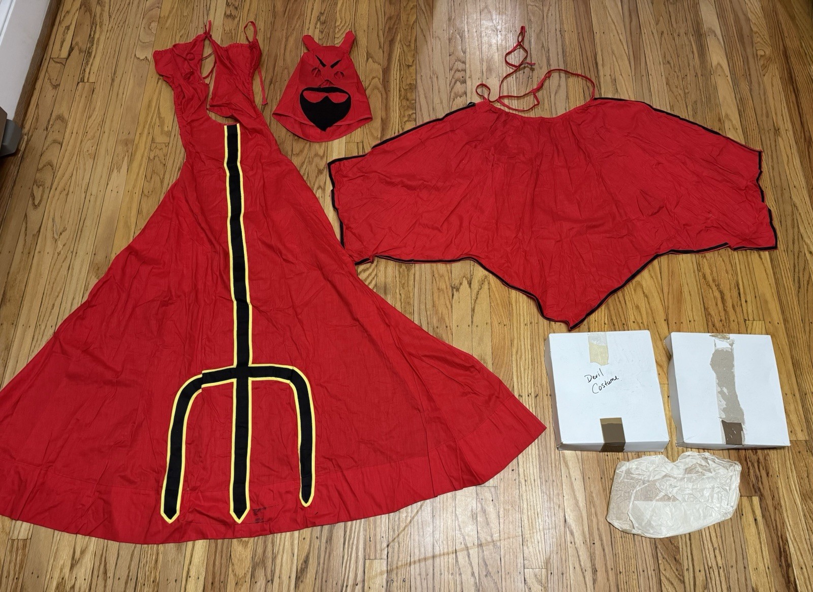Antique Vtg 1950s 60s Halloween Red Devil Satan Horns Mask Cape Adult Costume