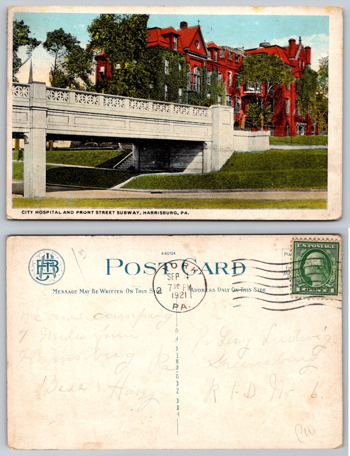 1921 Harrisburg PA City Hospital Front Street Subway Bridge Postcard