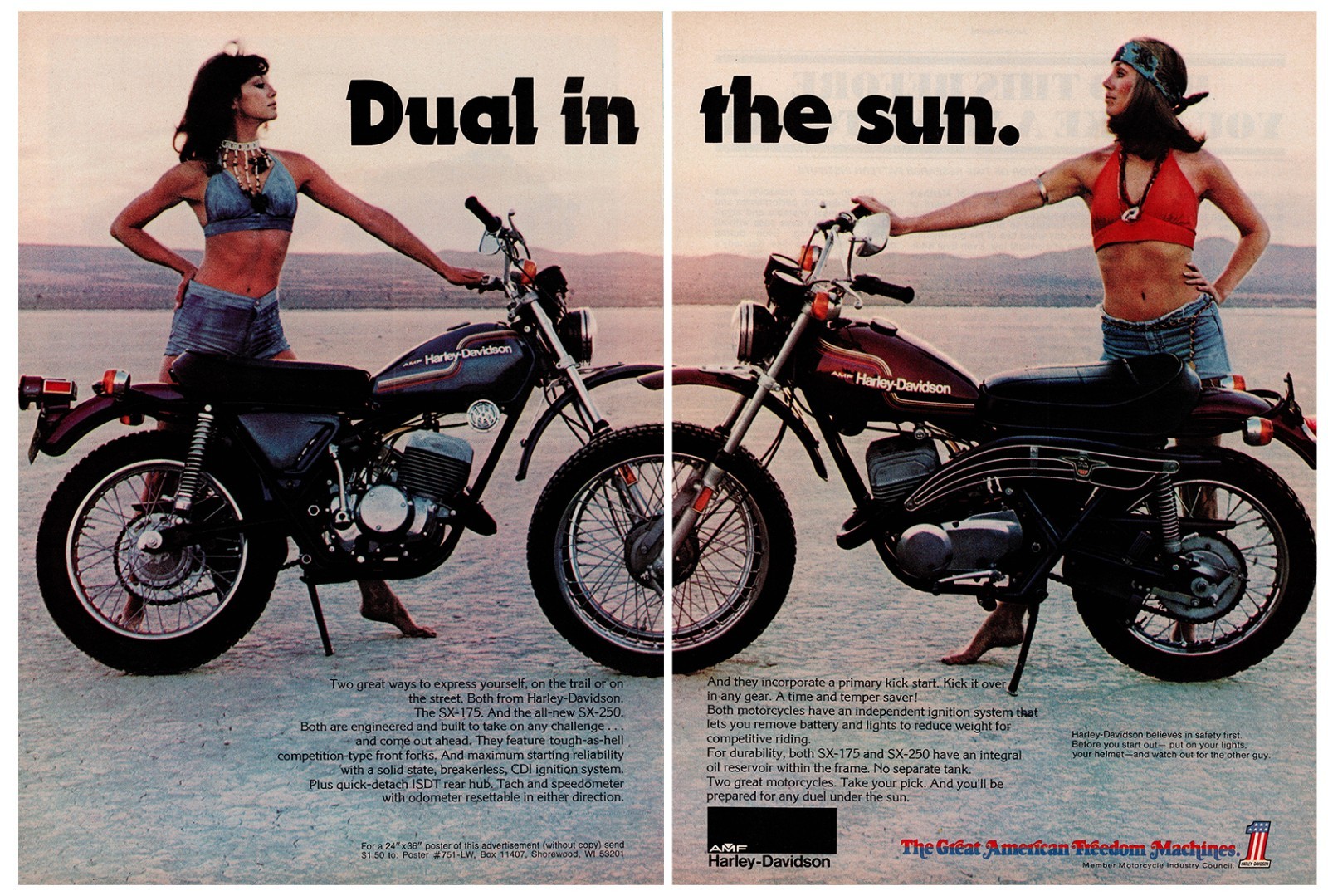 1975 Harley Davidson SX-175 & SX-250 Motorcycle Vintage Print Ad 2 Pages