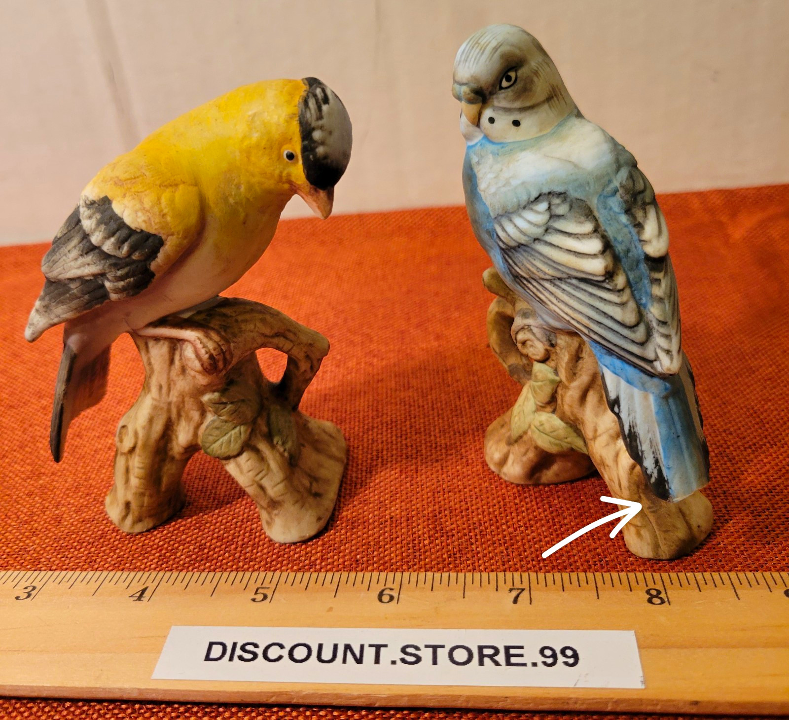Porcelain Budgerigar Parakeet Bird Figurine Pair on Tree Stump Bases 🐦 HAS CHIP