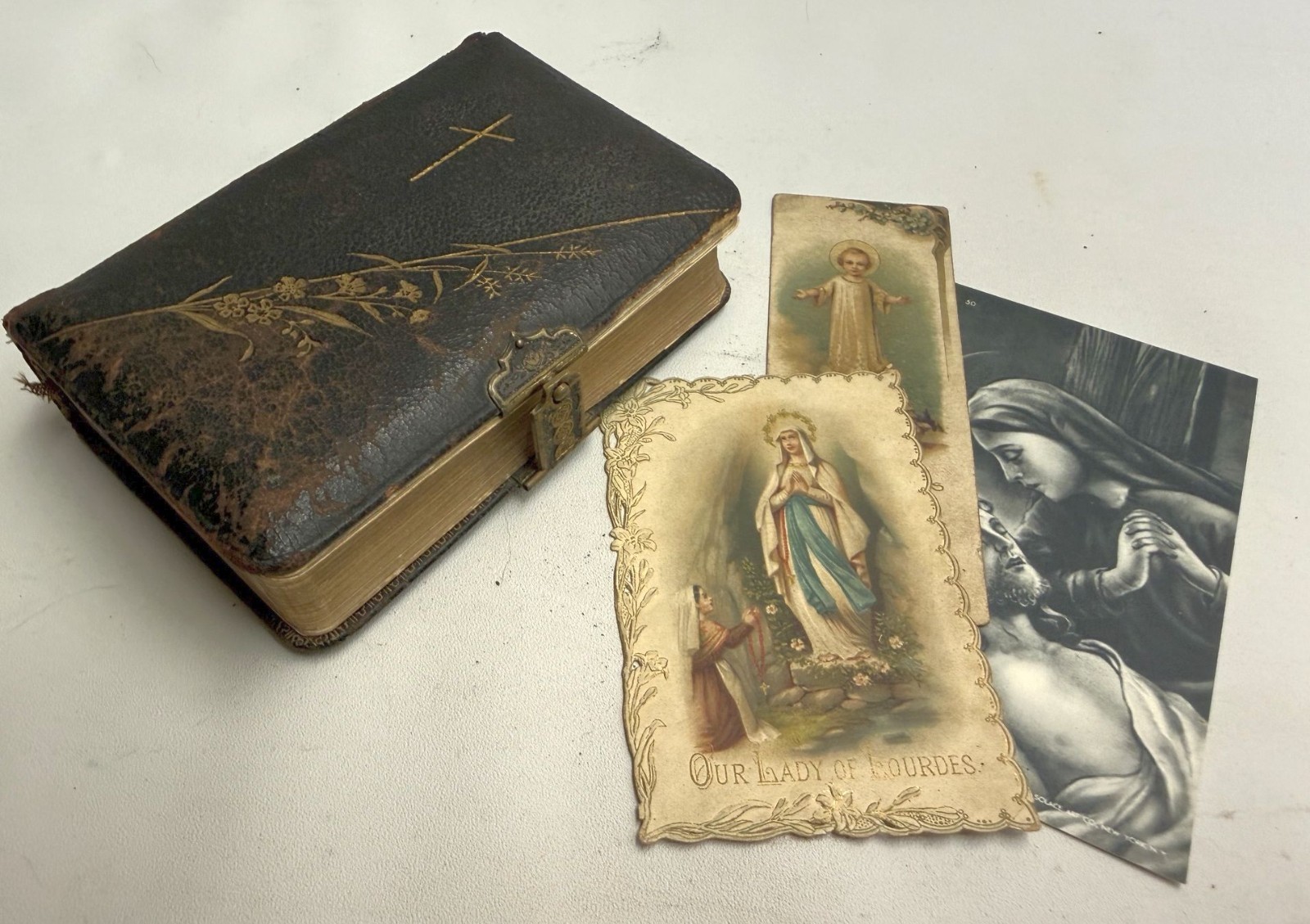 Antique German Prayer Book with Metal Cross Clasp and Prayer Cards Antique German Prayer Book with Metal Cross Clasp and Prayer Cards