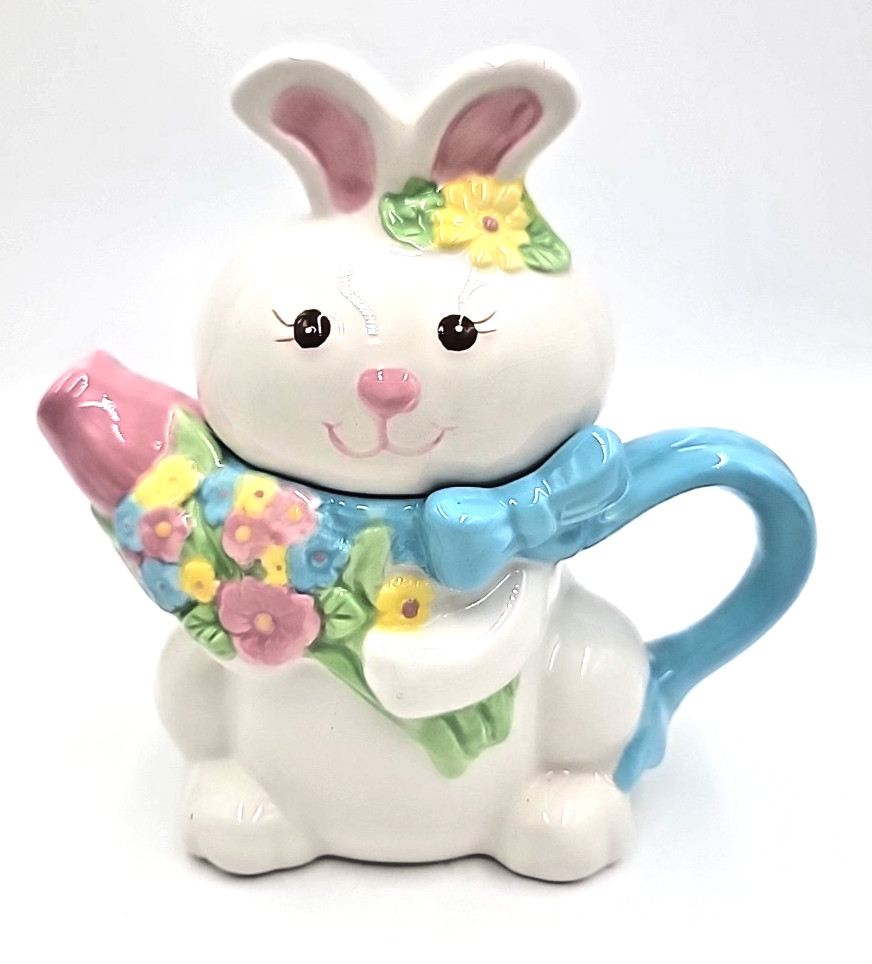 Bunny Rabbit Teapot Easter Spring Flower Bouquet Blue Ribbon 7 1/2 Inches High