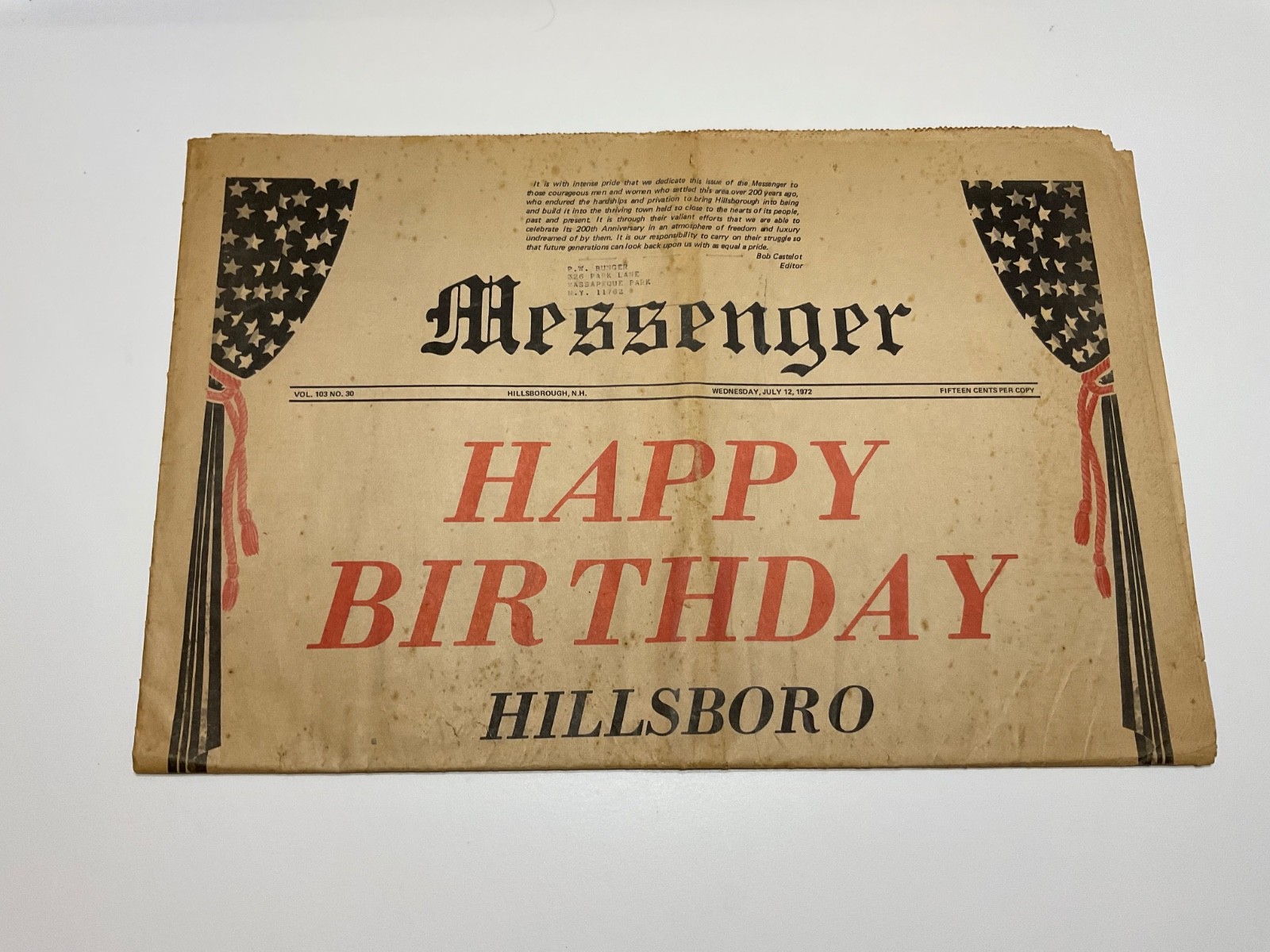 1972 Hillsboro NH Bicentennial Messenger Newspaper Happy Birthday 1772-1972