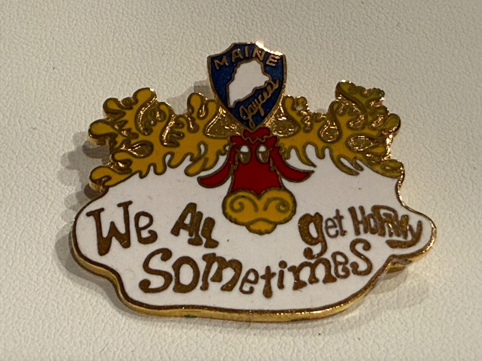 Vintage Maine Jaycees Enamel Pin – Moose Antlers “We All Get Horny Sometimes”