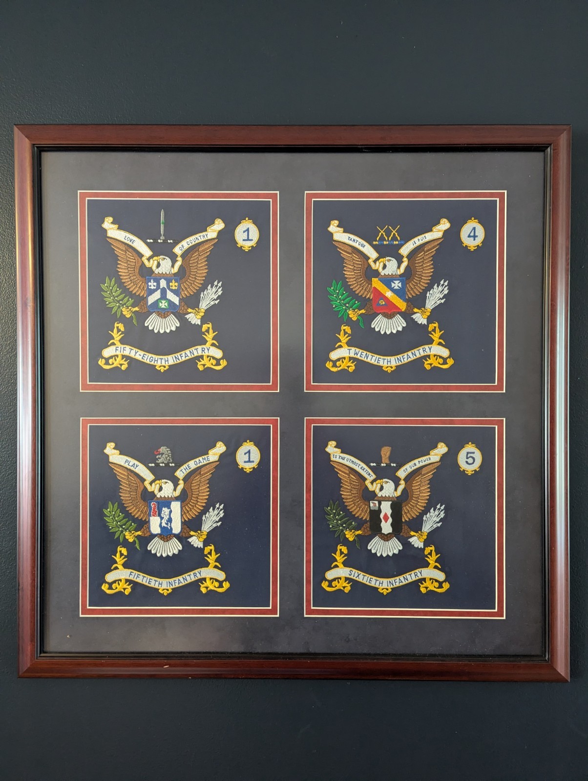 US Army Infantry Regiment Framed Coats of Arms - 50th, 58th, 60th, 20th Infantry US Army Infantry Regiment Framed Coats of Arms - 50th, 58th, 60th, 20th Infantry
