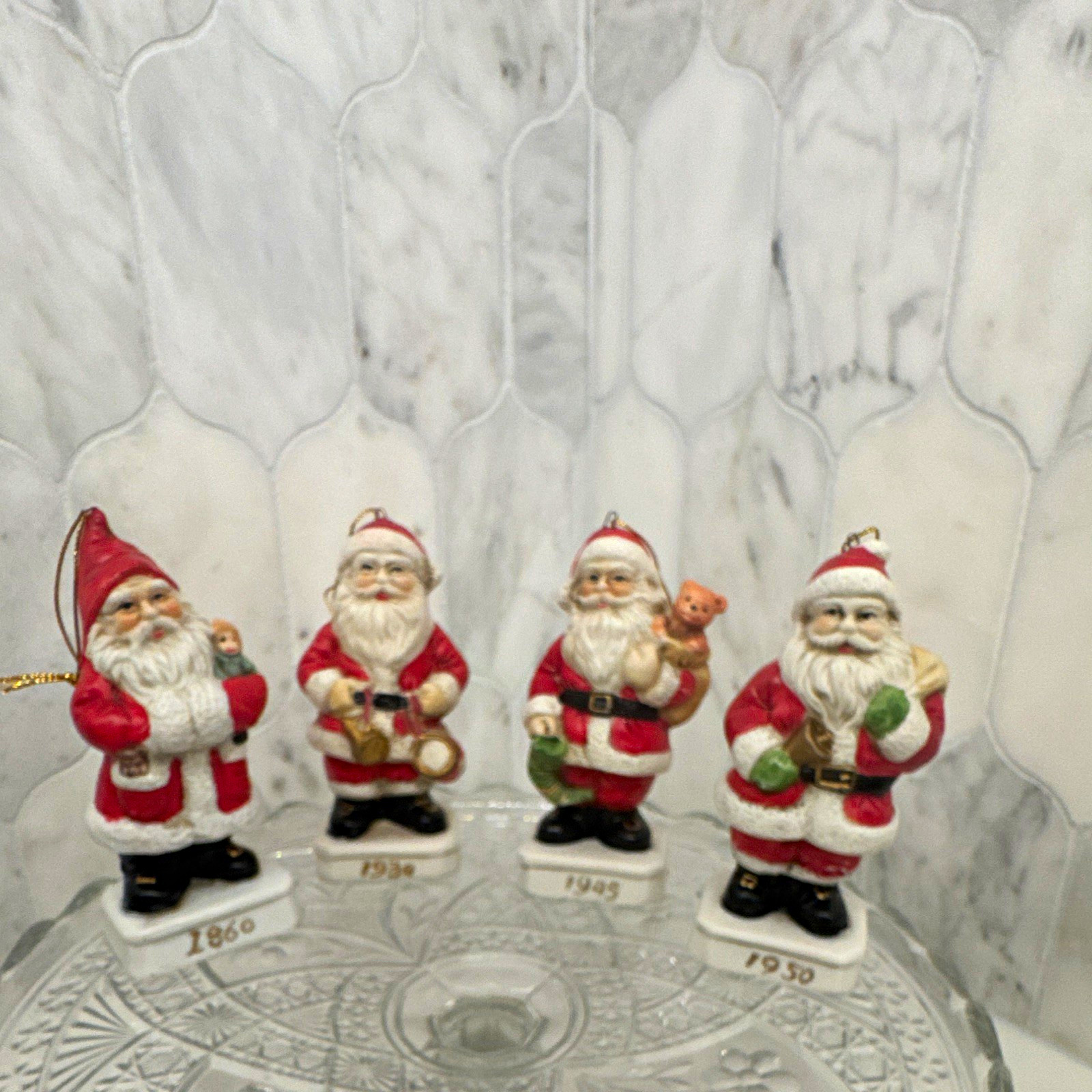  4 Russ Berrie Santa Through The Ages Ornaments 1860 1930 1945 1950 Vintage