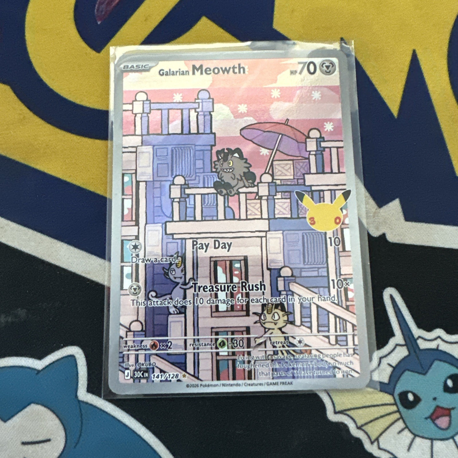 Galarian Meowth Illustration Rare Holo 141/128 Pokemon TCG 30th Celebration NM