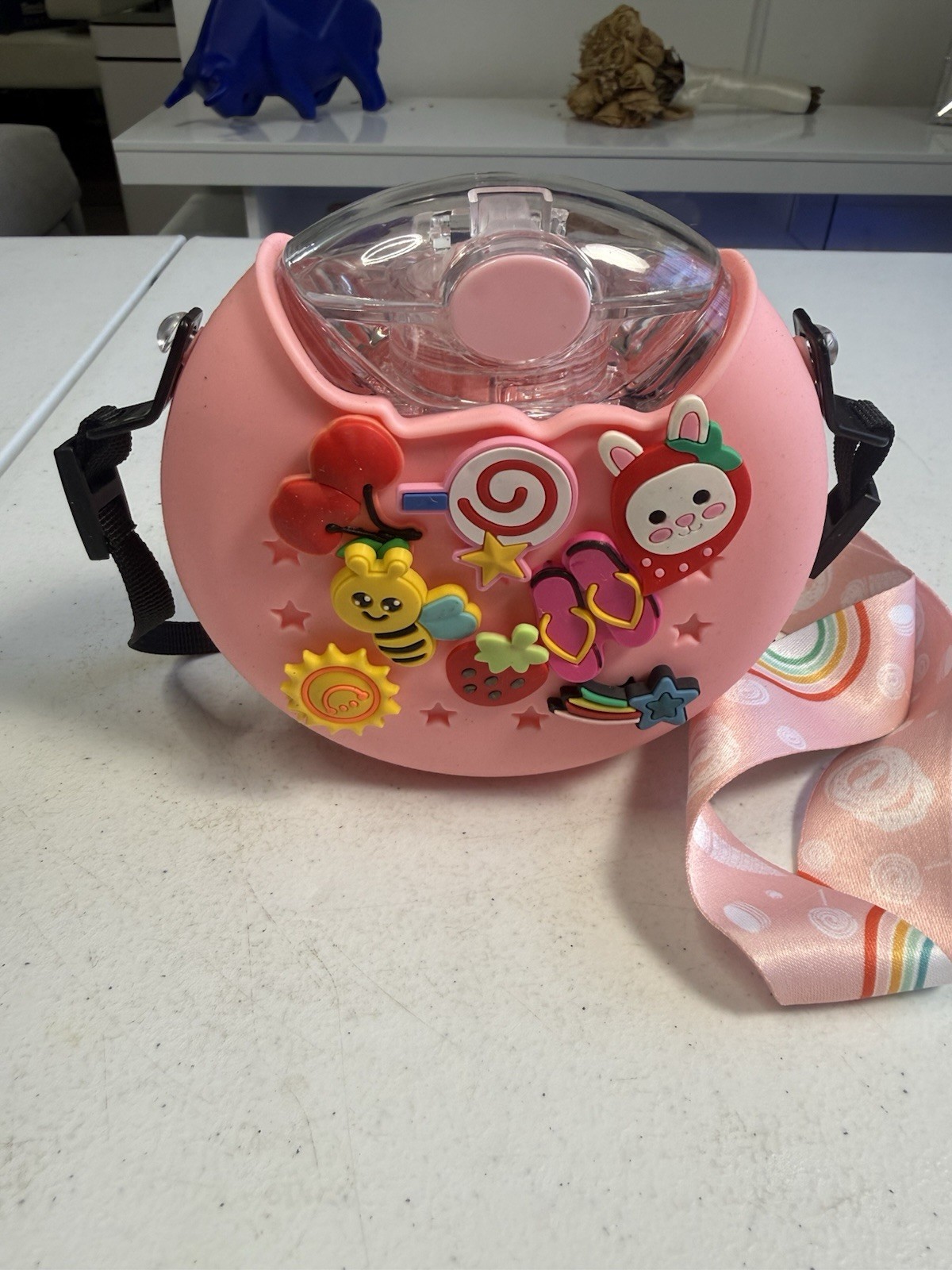Beautiful New Skater One-Push Straw Water Bottle with Shoulder Strap Pink