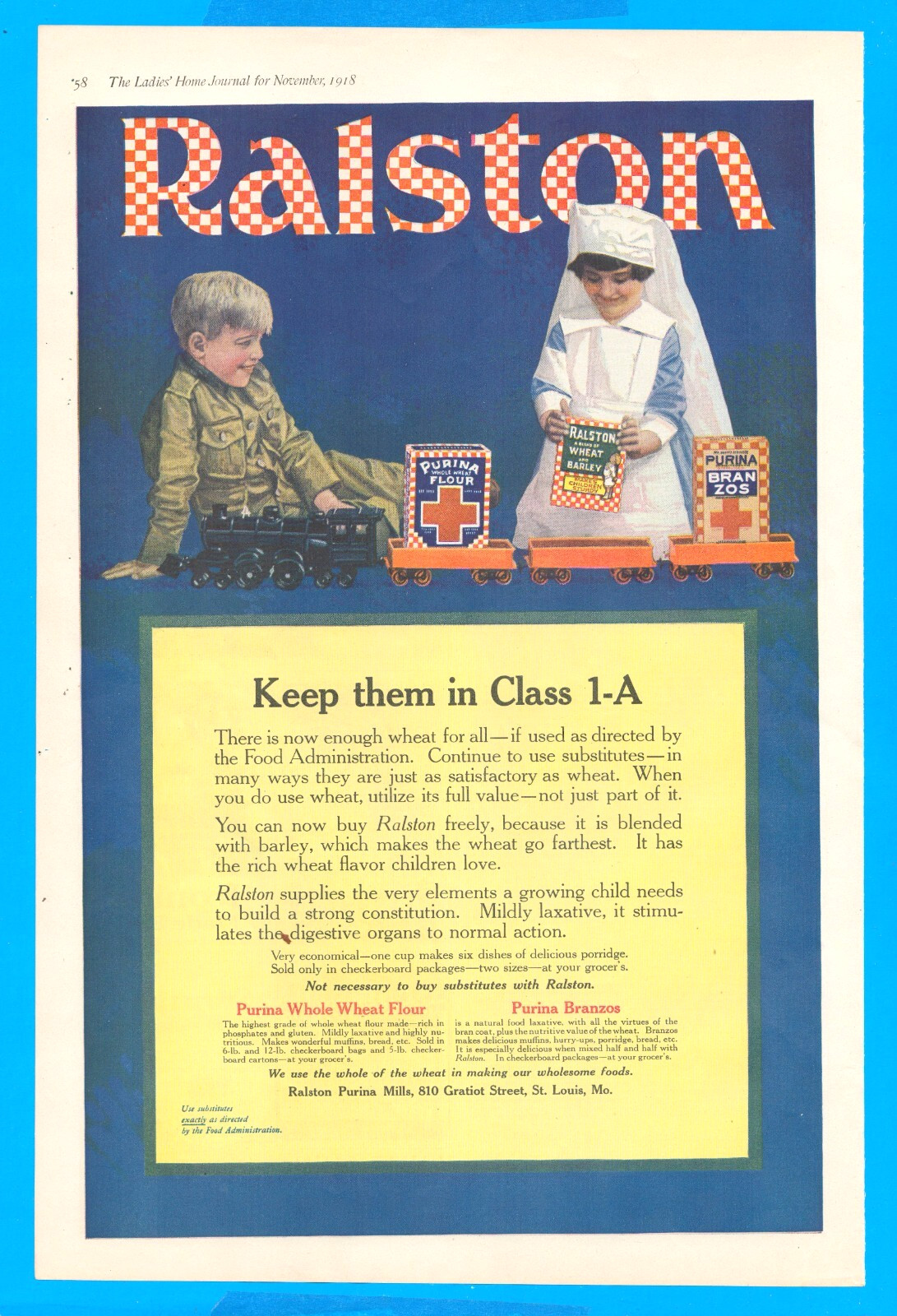 1918 Ralston flour wheat barley laxative porridge antique print ad child nurse