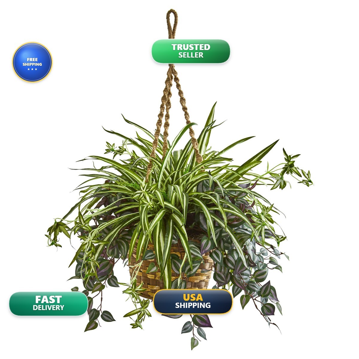 Nearly Natural 30in Wandering Jew & Spider Artificial Plant in Hanging Basket