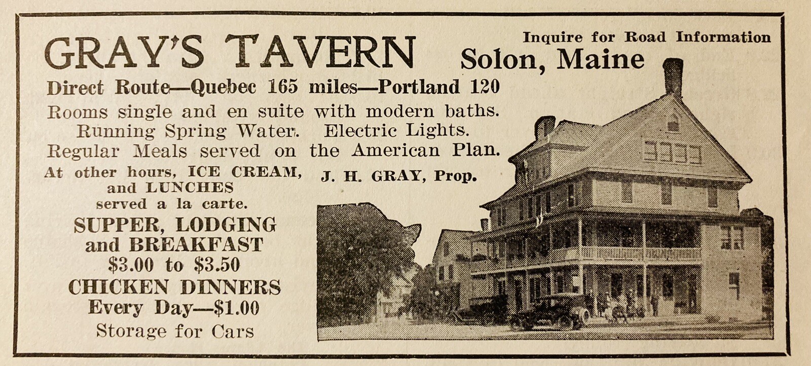 1924 AD.(N20)~GRAY’S TAVERN, SOLON, MAINE. RUNNING SPRING WATER