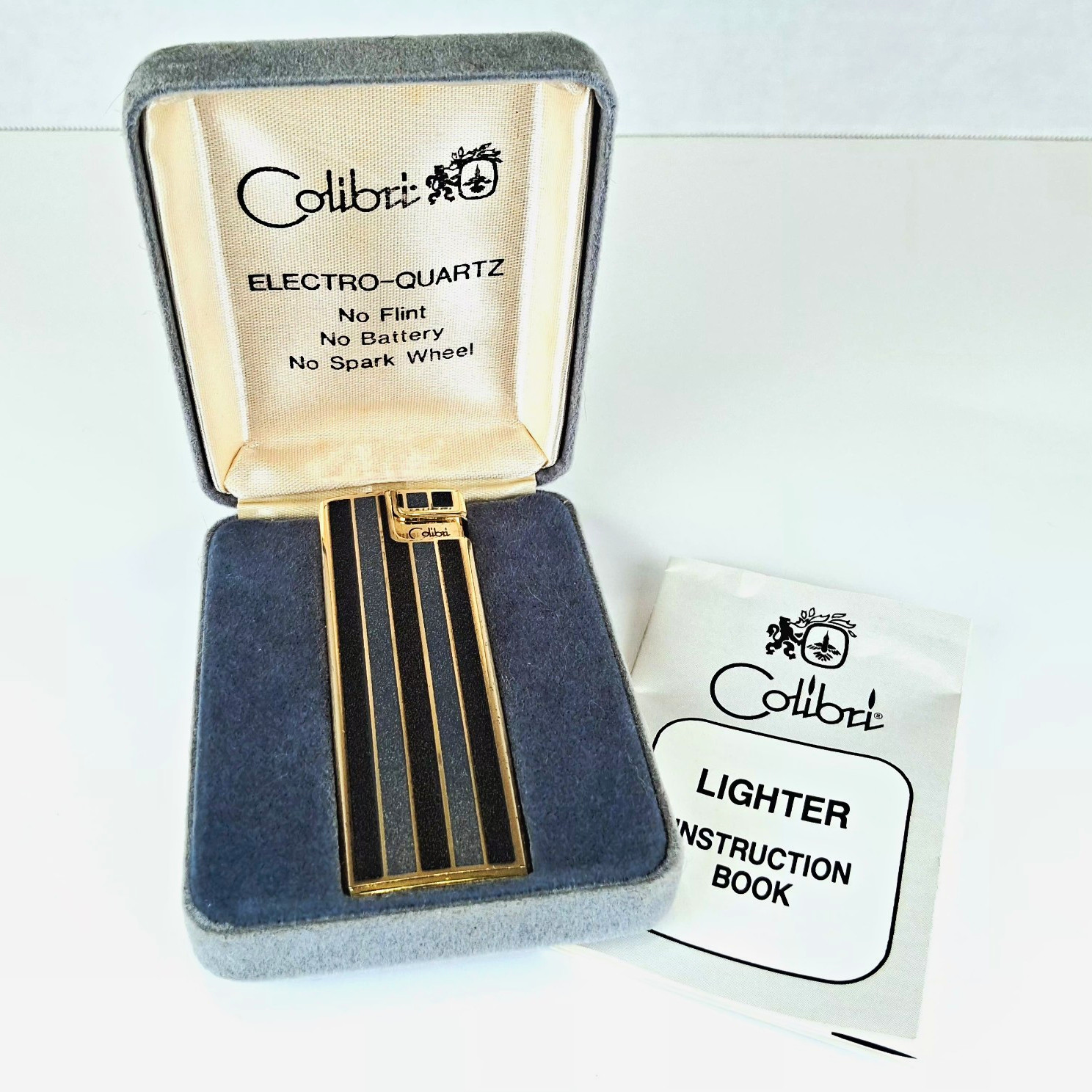 Colibri Electro-Quartz Butane Lighter Gold Tone Black Striped w/ Case & Manual 