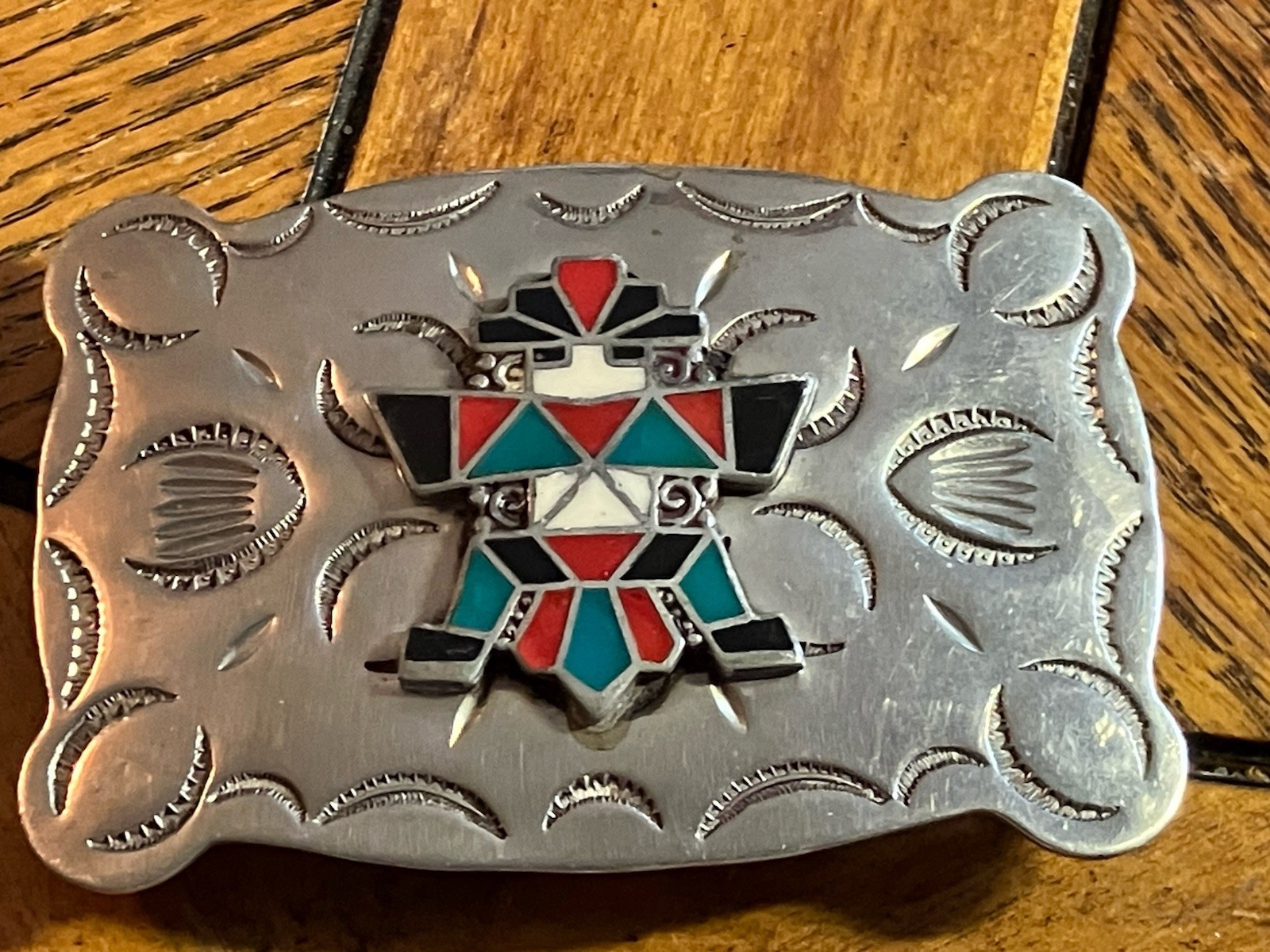 Vintge Frontier Buckle Co Kachina Stamped Nicole Silver Belt Buckle 3.5x2.5”