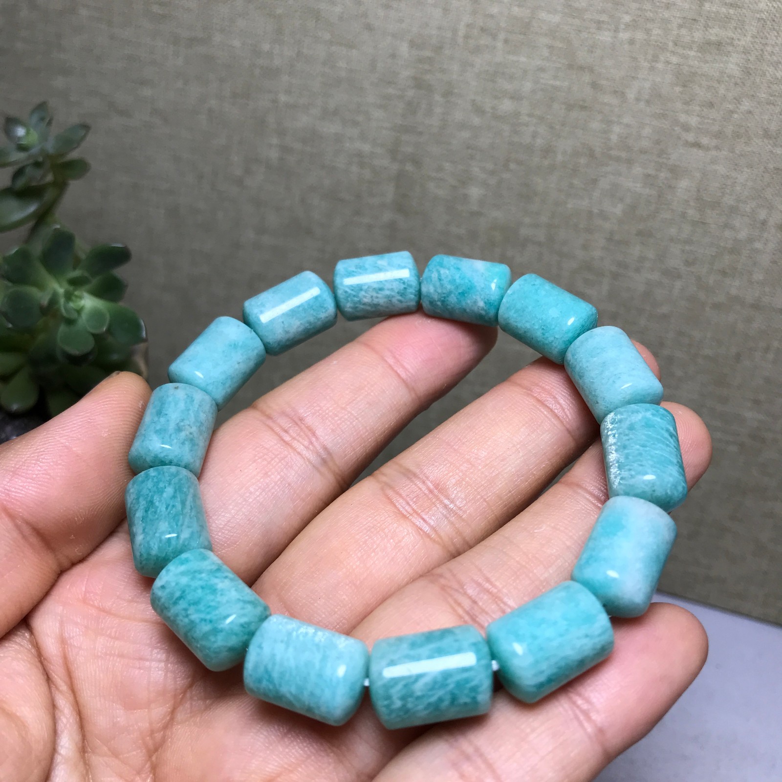Rare Natural amazonite gemstone Crystal chain barrel beads bracelet 37g A5583