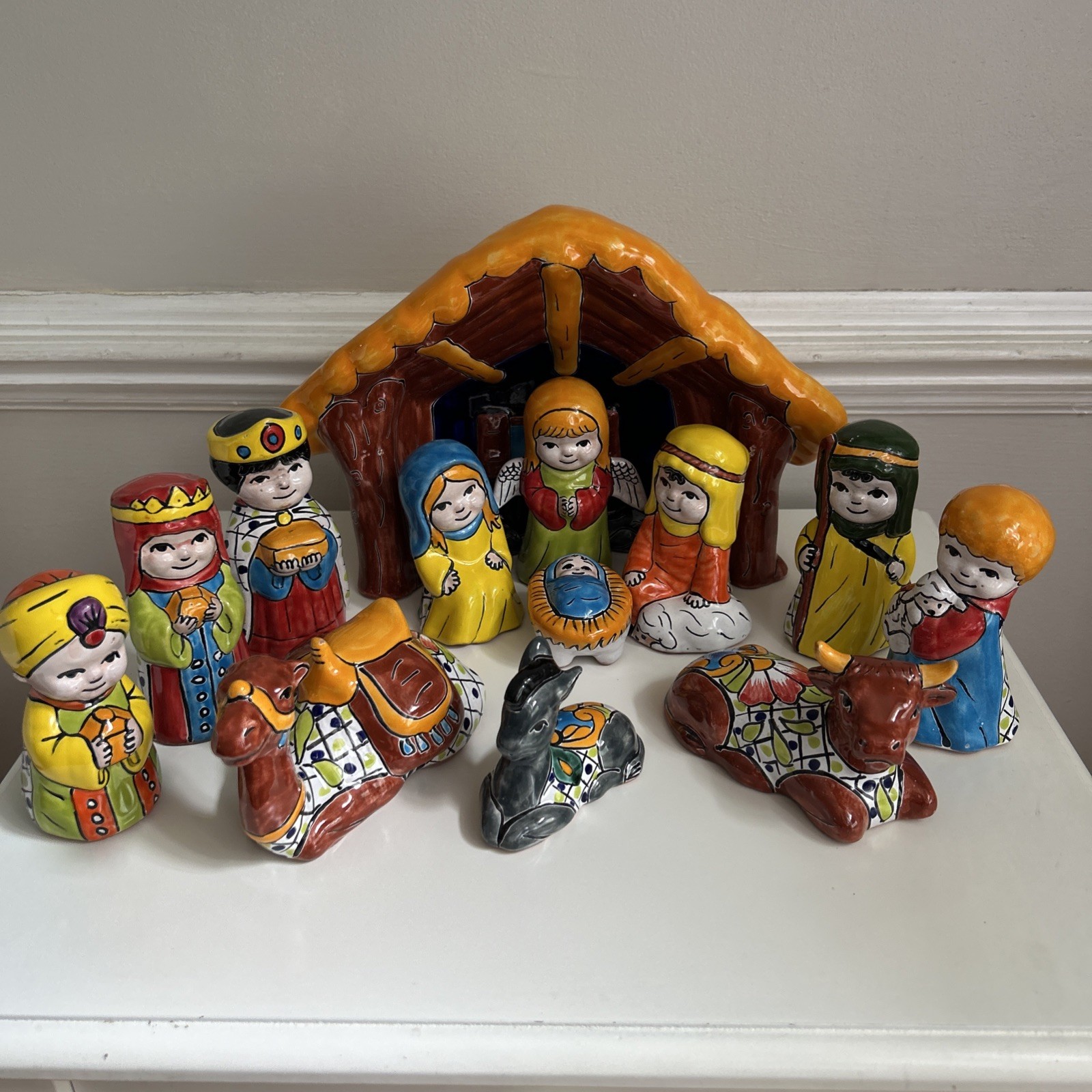 13 Pc Set Hand Painted Talavera Ceramic Christmas Nativity Colorful Complete