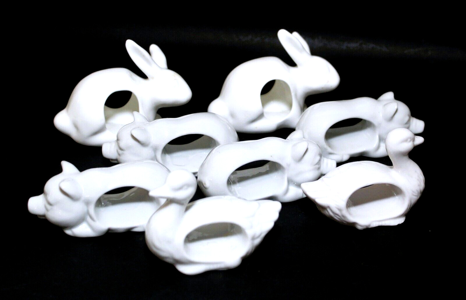 Napkin Ring Holders Figural Pig Duck Bunny White Porcelain Set 8