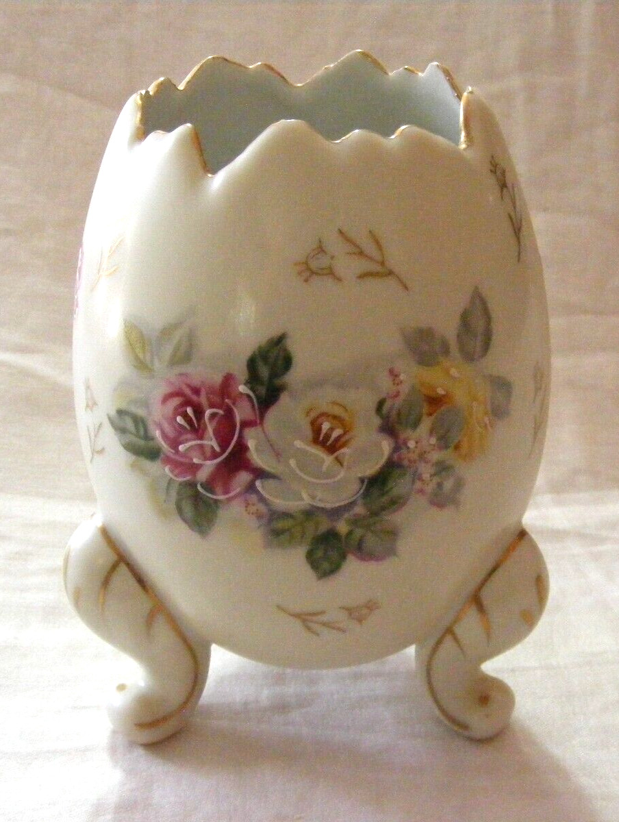 Vintage 1952 Inarco Japan Cracked Egg 3 Footed Vase Floral Rose Design 1-b