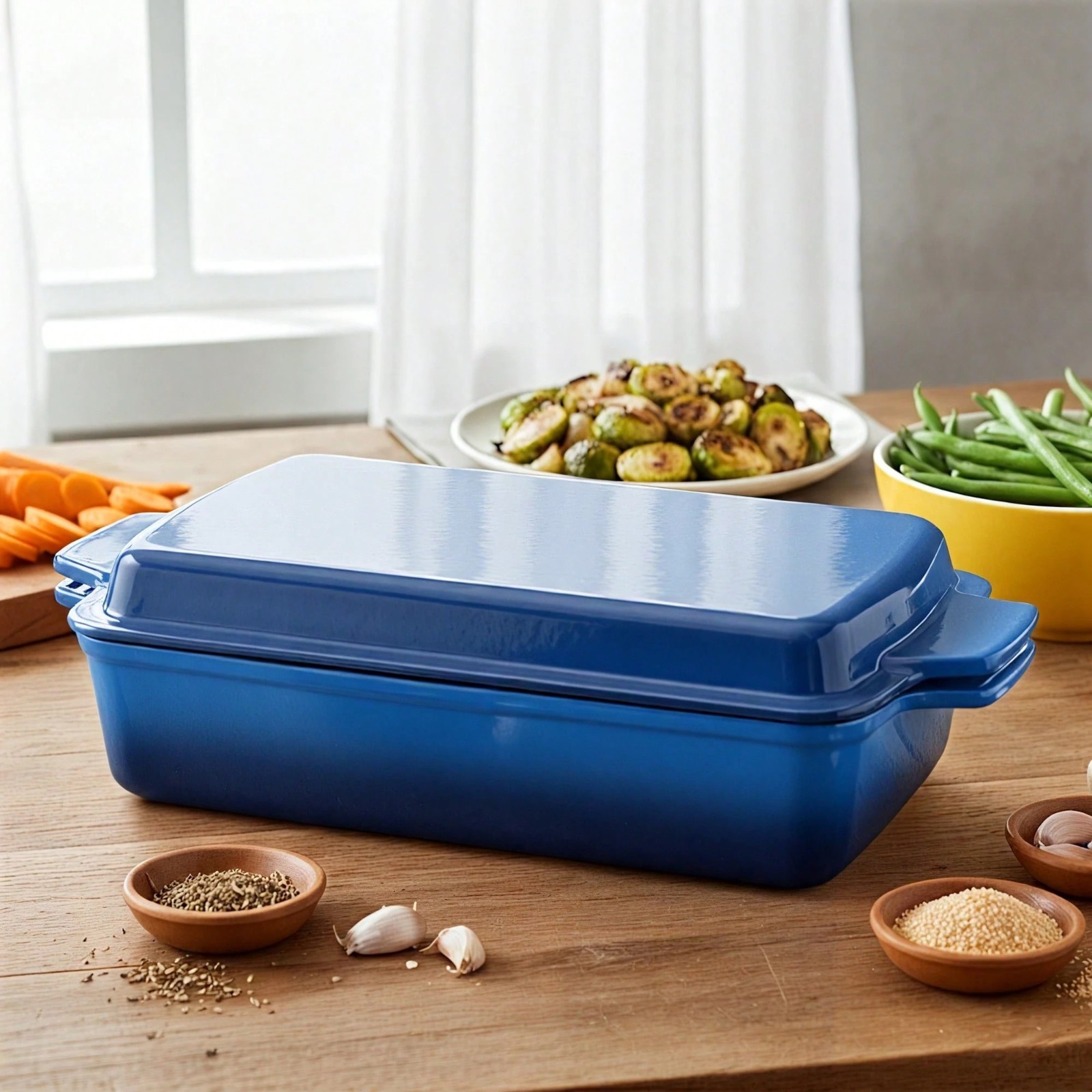 Rectangular Enameled Cast Iron Pot With Lid Non-Stick Baking Roasting Cookware