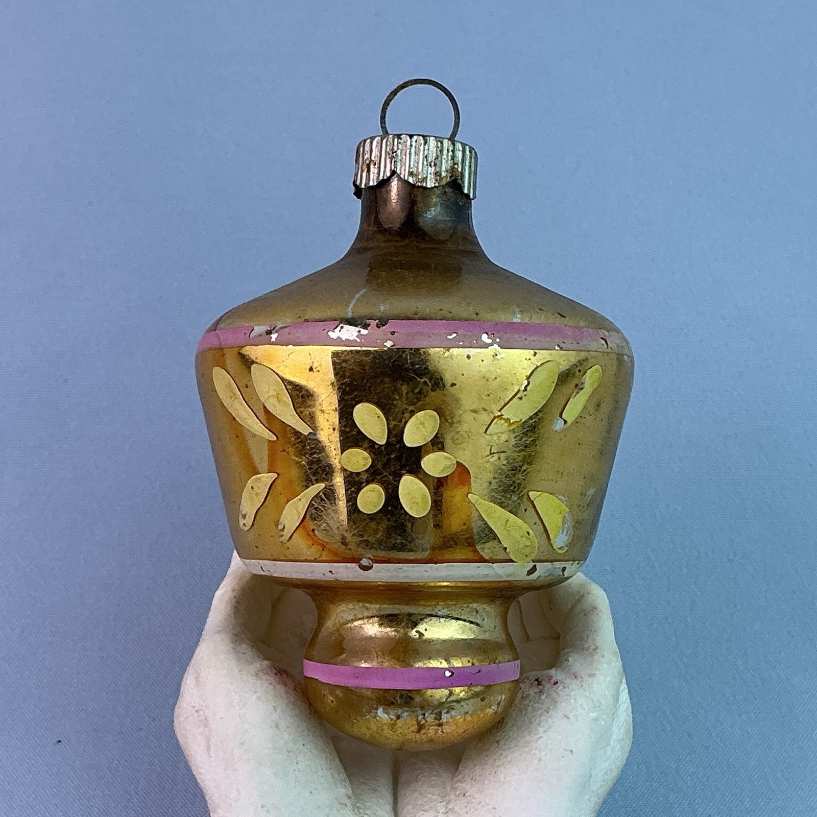 Shiny Brite Vintage Striped & Floral Pattern/U.F.O Style Mercury Glass Ornament