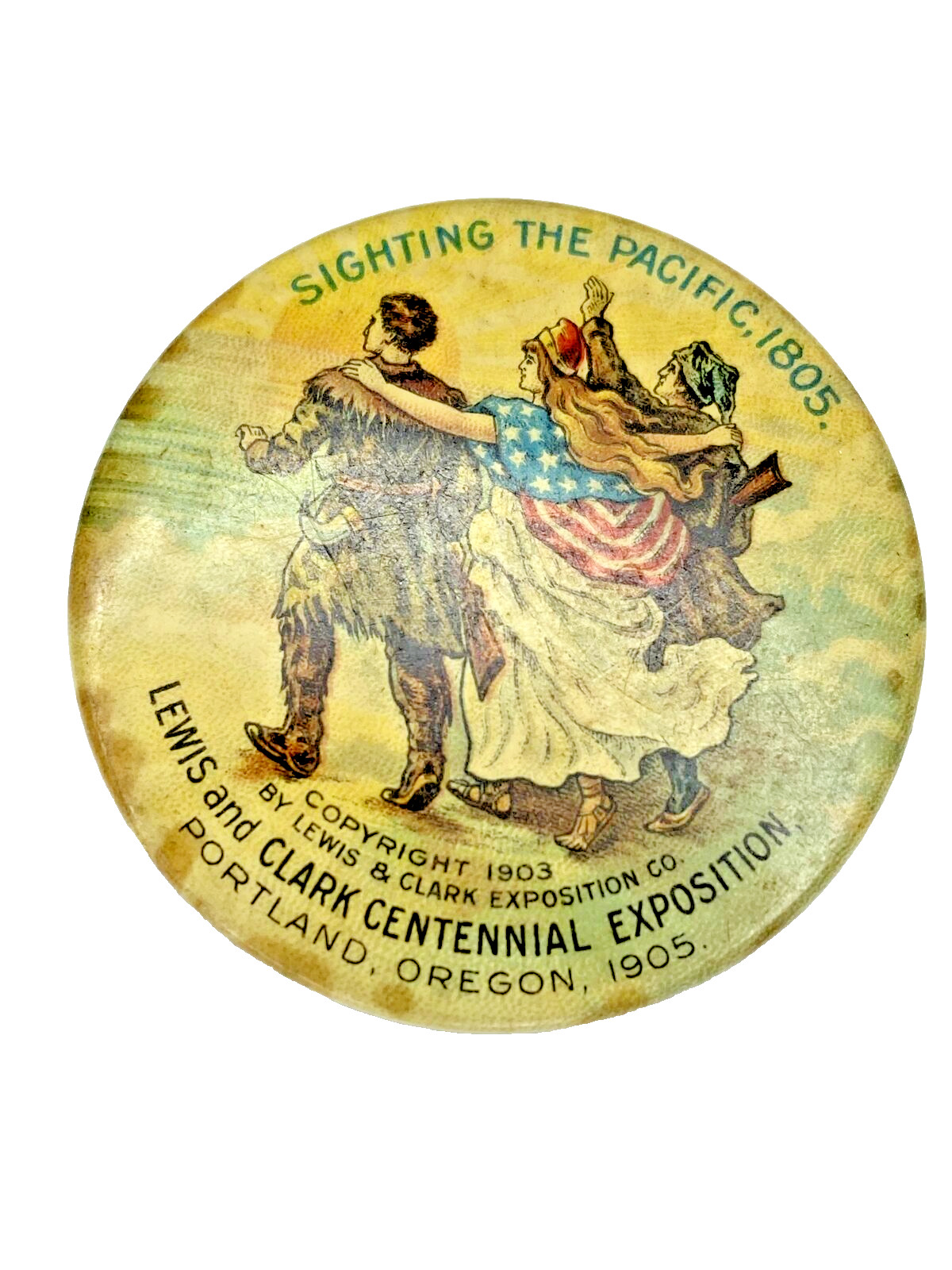 1905 Lewis & Clark Exposition Sighting Pacific 38mm pinback button PDX Vintage 1905 Lewis & Clark Exposition Sighting Pacific 38mm pinback button PDX Vintage
