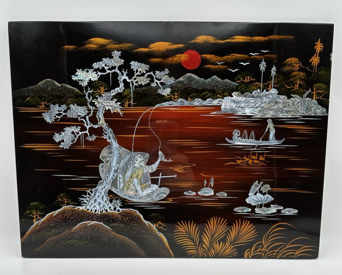 Vintage Vietnamese Mother of Pearl Lacquer Wall Art Fishing Village Scene Large Vintage Vietnamese Mother of Pearl Lacquer Wall Art Fishing Village Scene Large