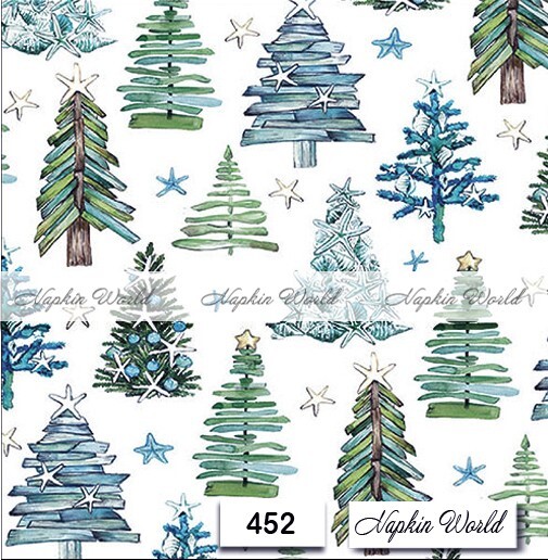(452) TWO Paper LUNCHEON Decoupage Art Craft Napkins  CHRISTMAS TREES BLUE GREEN