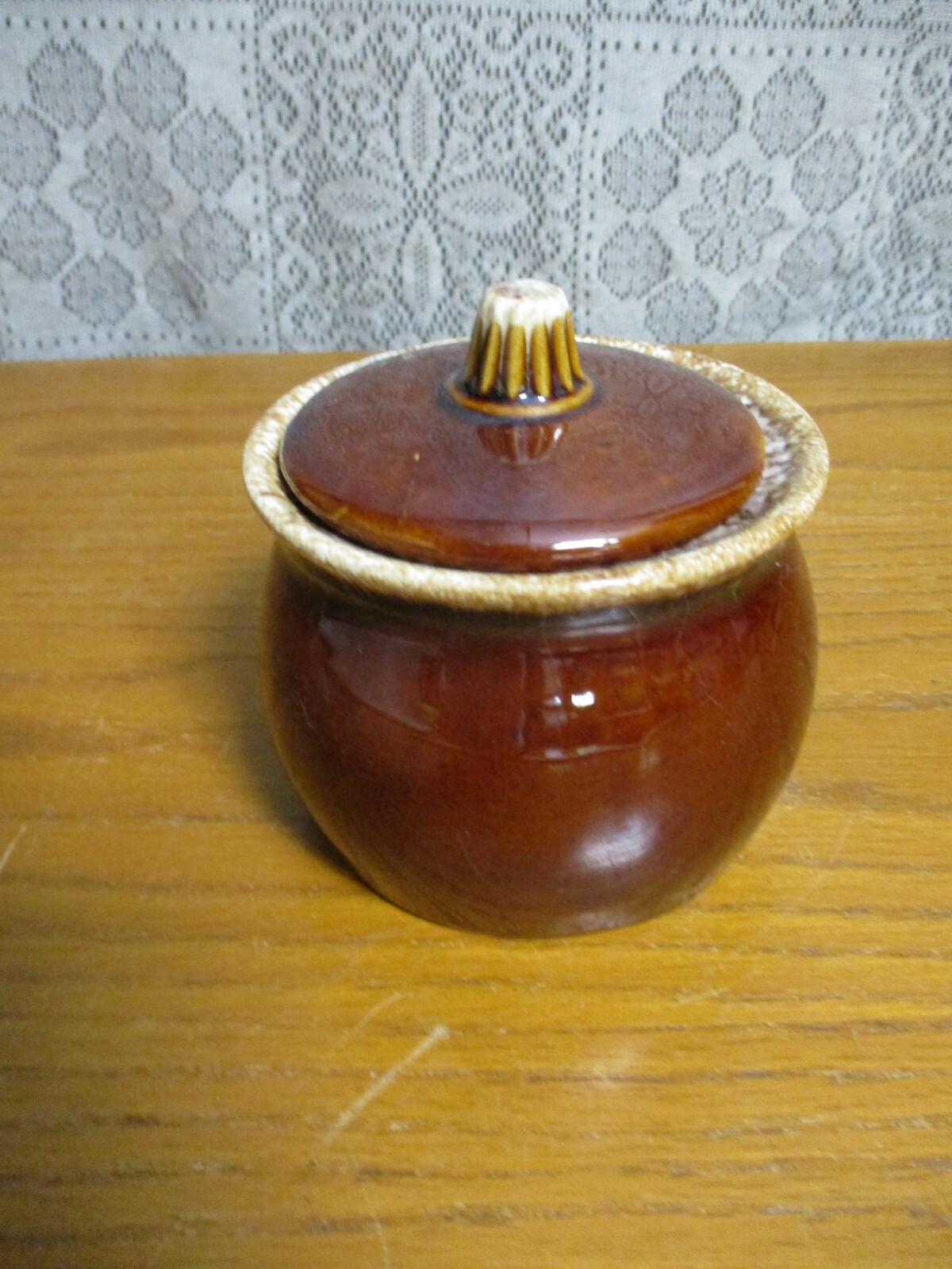 Vintage Hull Stoneware Sugar Bowl - Brown Glaze - Lid Repaired