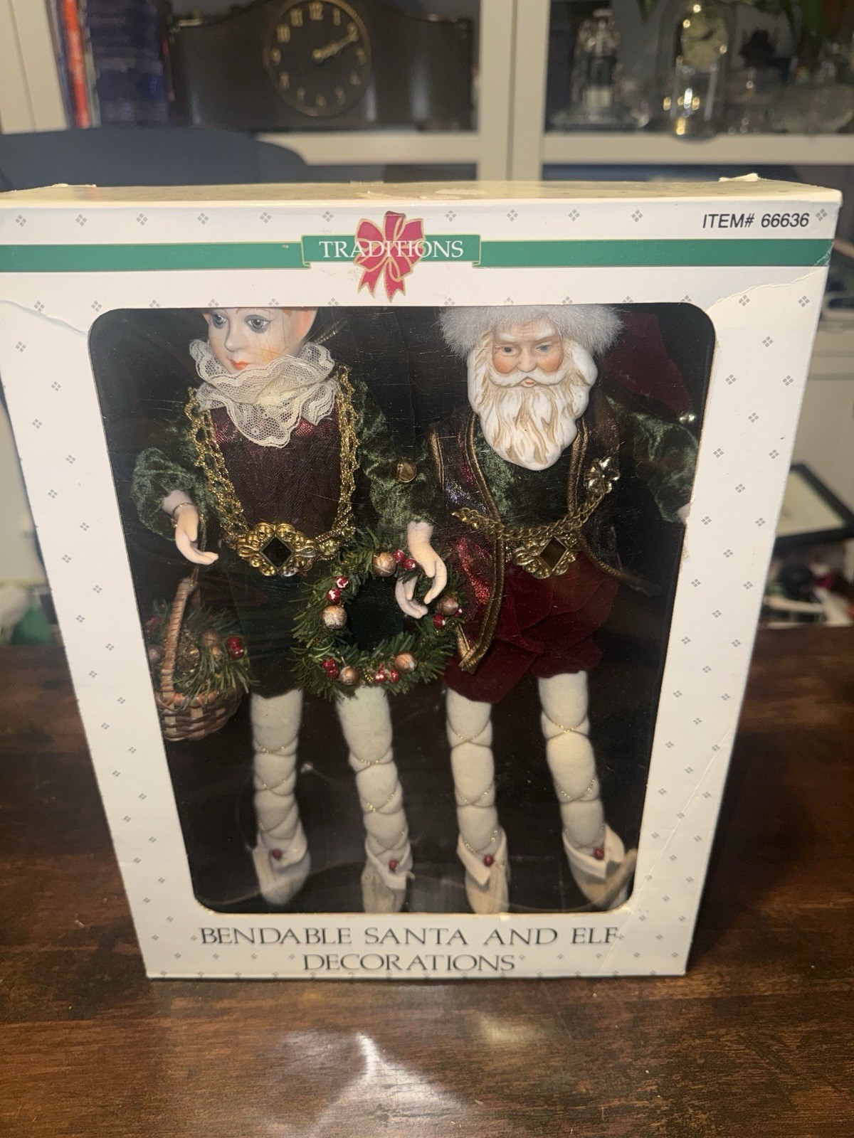 Vintage 1992 Traditions Bendable Santa & Elf Christmas Decorations Set w/ Box
