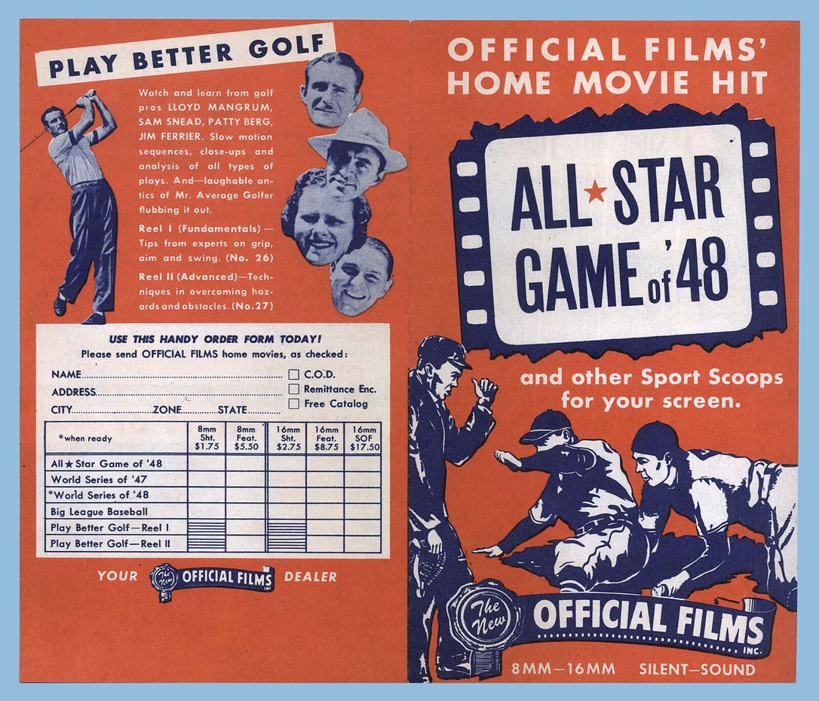 1948 ALL-STAR GAME - OFFICIAL FILMS 4-PAGE FLYER - DIMAGGIO - WILLIAMS - MUSIAL