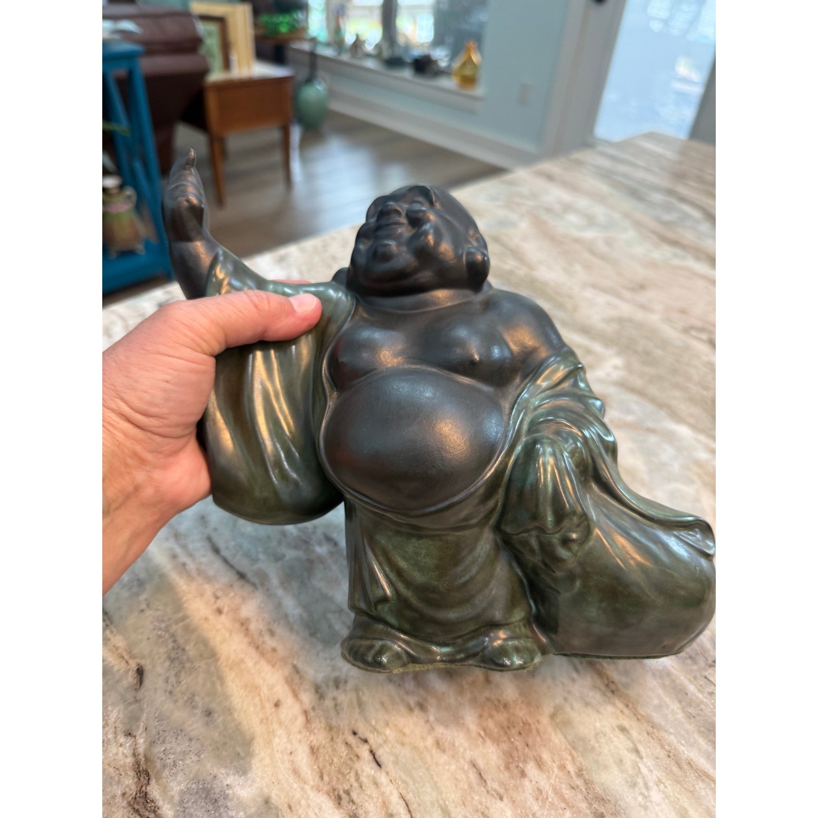 Vintage Laughing Buddha Hotei Figurine Matte Black Green Drip Glaze Ceramic 8in