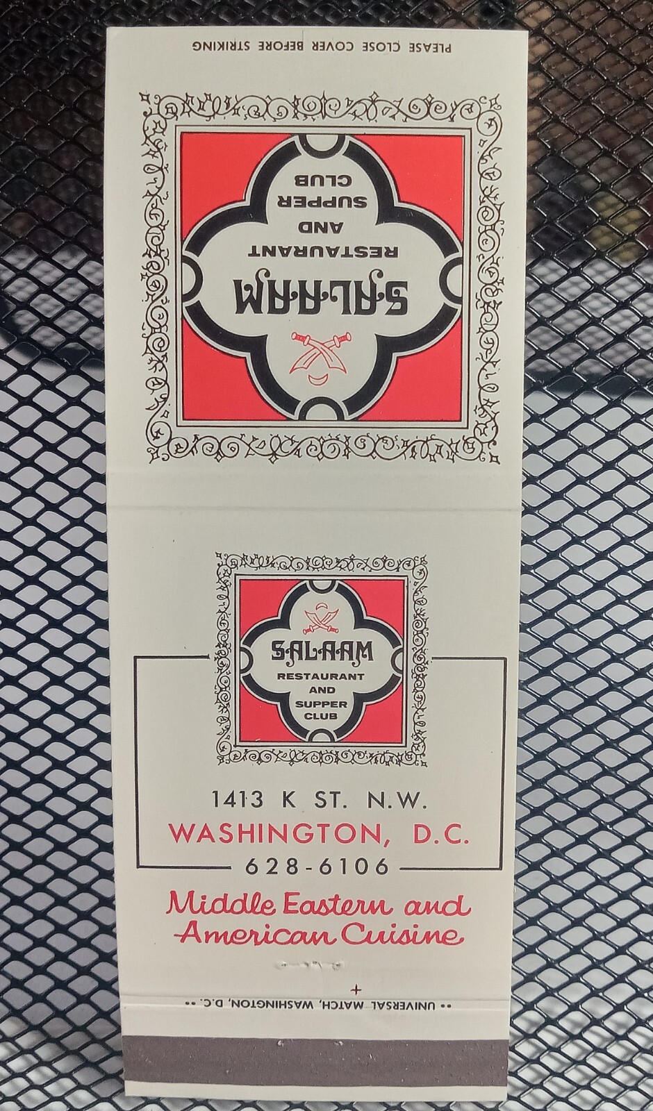 Washington DC SALAAM Supper Club Middle East Restaurant Vtg Matchbook Cover
