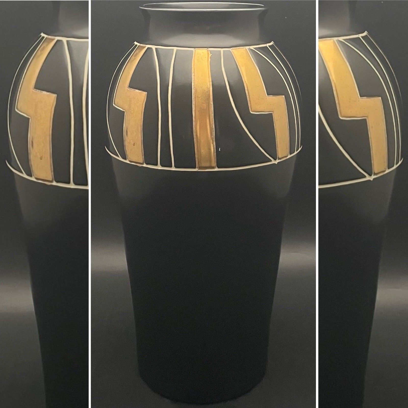 Harris Potteries Black & Gold Cairo Egyptian Style Urn Vase c1960s USA 13
