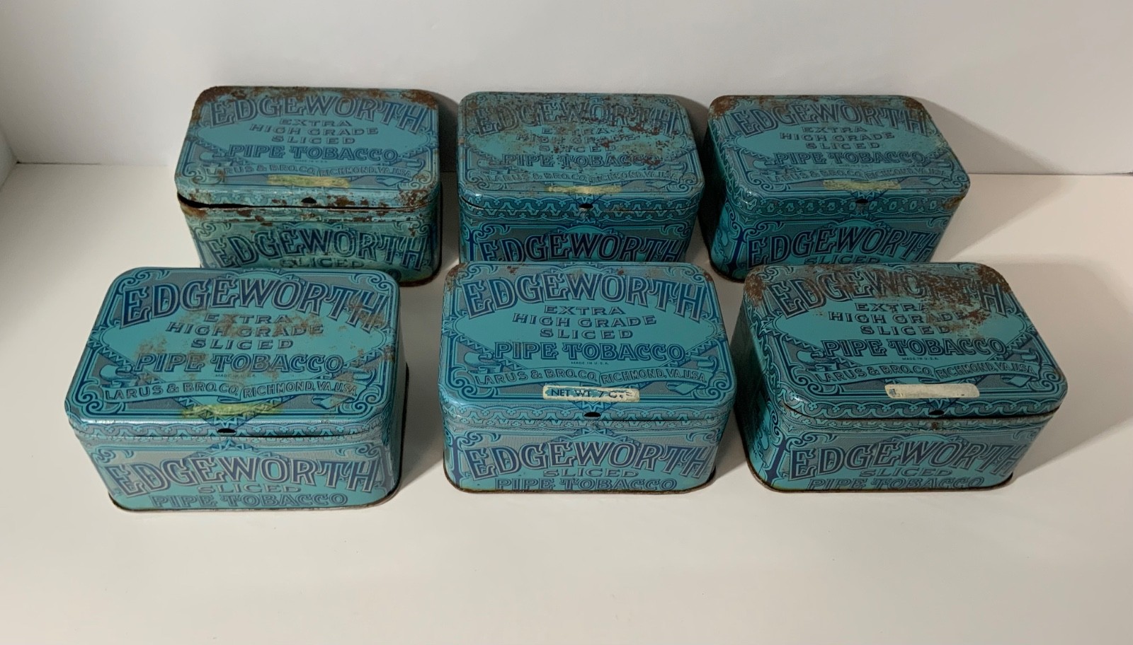 VTG Edgeworth Sliced Pipe Tobacco Tins Lot (6) Larus & Brother Blue Hinged Lid