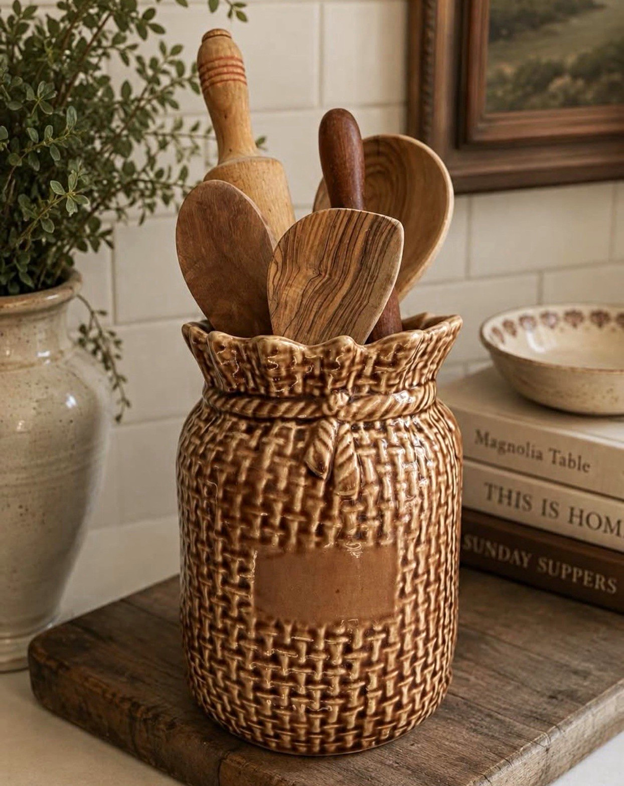Vintage McCoy Burlap Sack Cookie Jar Base / Utensil Crock #158 – Brown Glaze