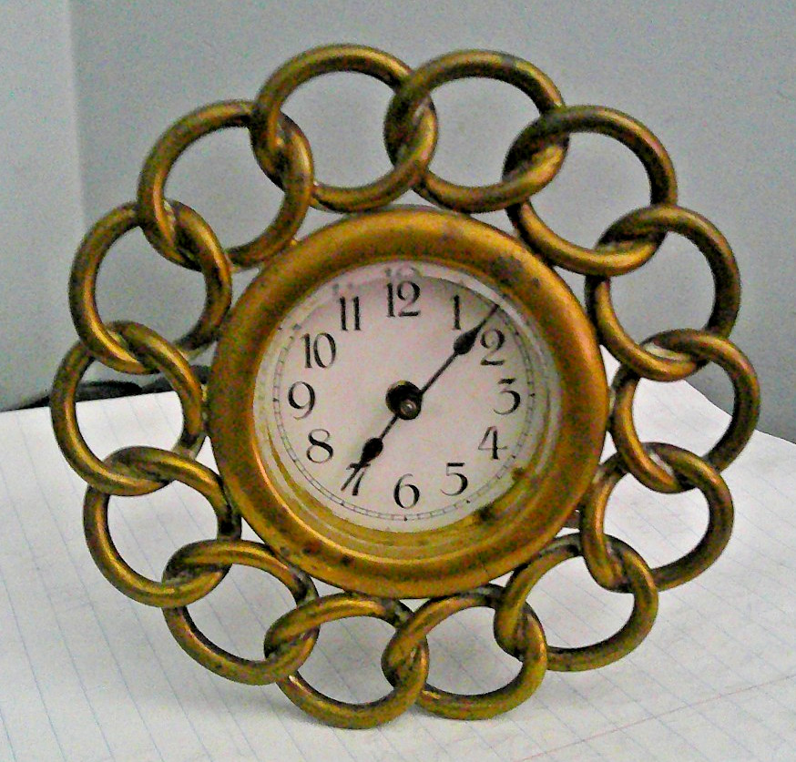 Small Vintage Antique Chain Link Brass Clock  in working order 4.5x2.5\