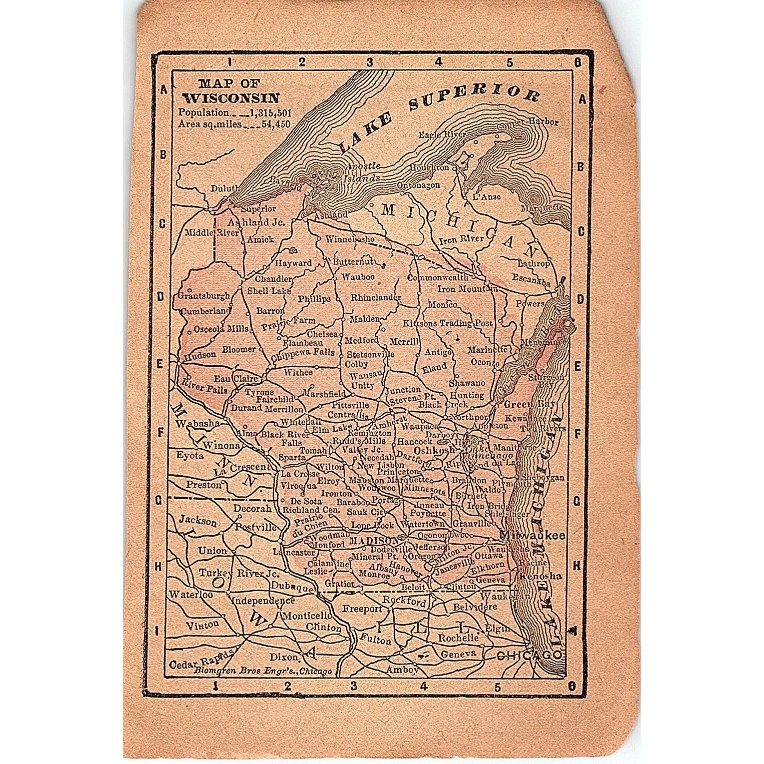 Antique 1889 Map of Wisconsin 1889 Pocket Map Engraving SAG4-H4