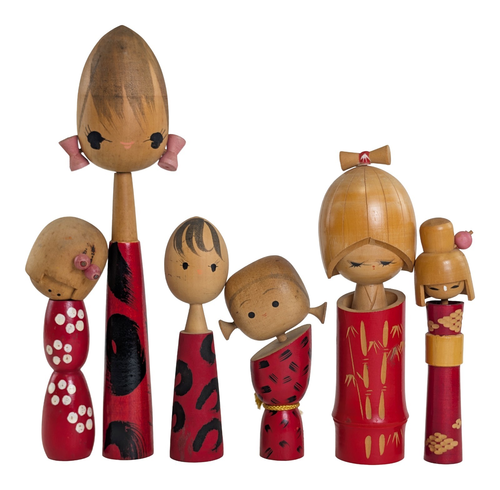 Variety Set of Creative Kokeshi Doll Girls w Red Kimono Designs from Japan 5-10