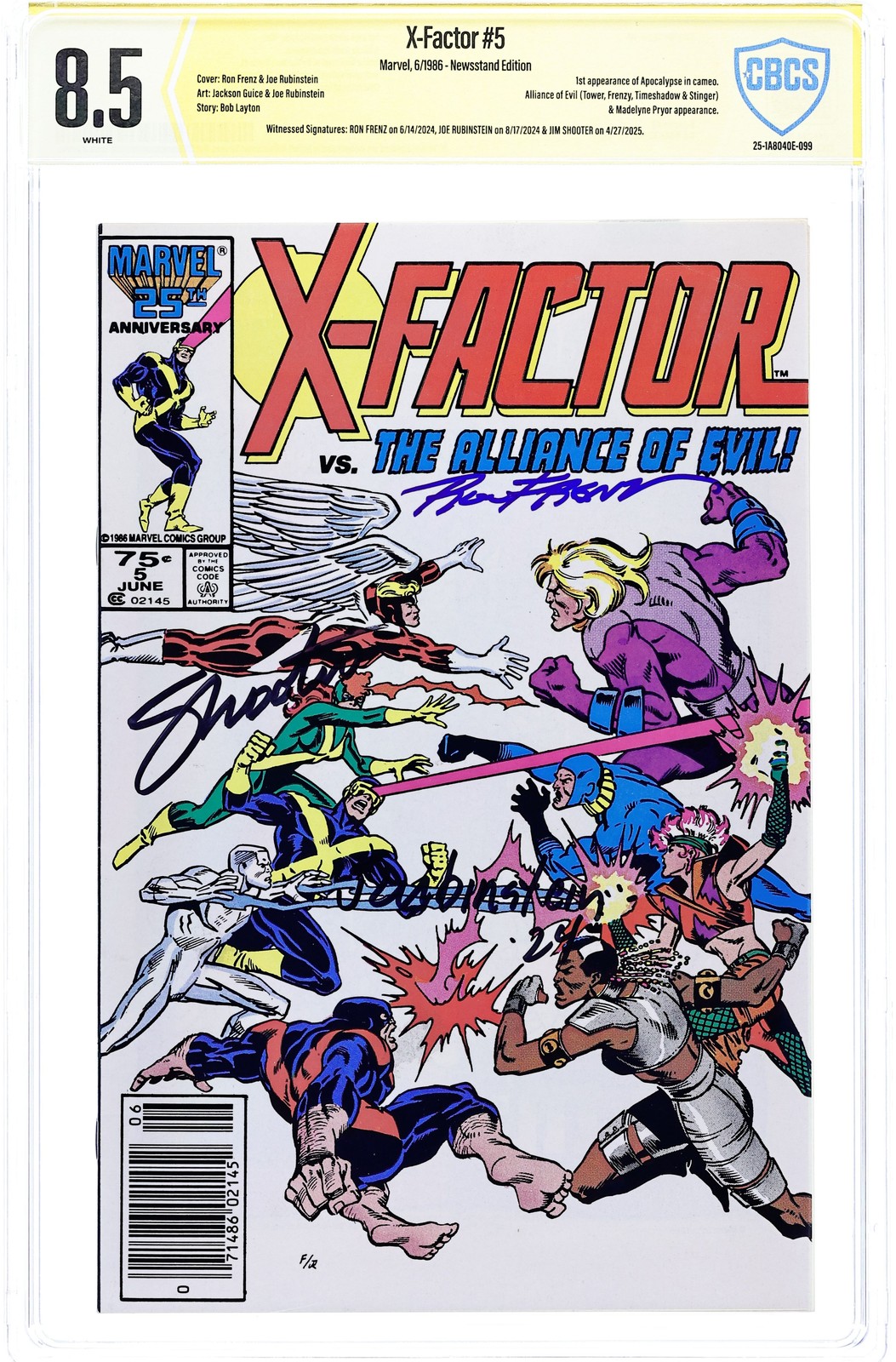 X-Factor #5N CBCS 8.5 Newsstand Witnessed Sig Frenz/Rubinstein/Shooter 1986