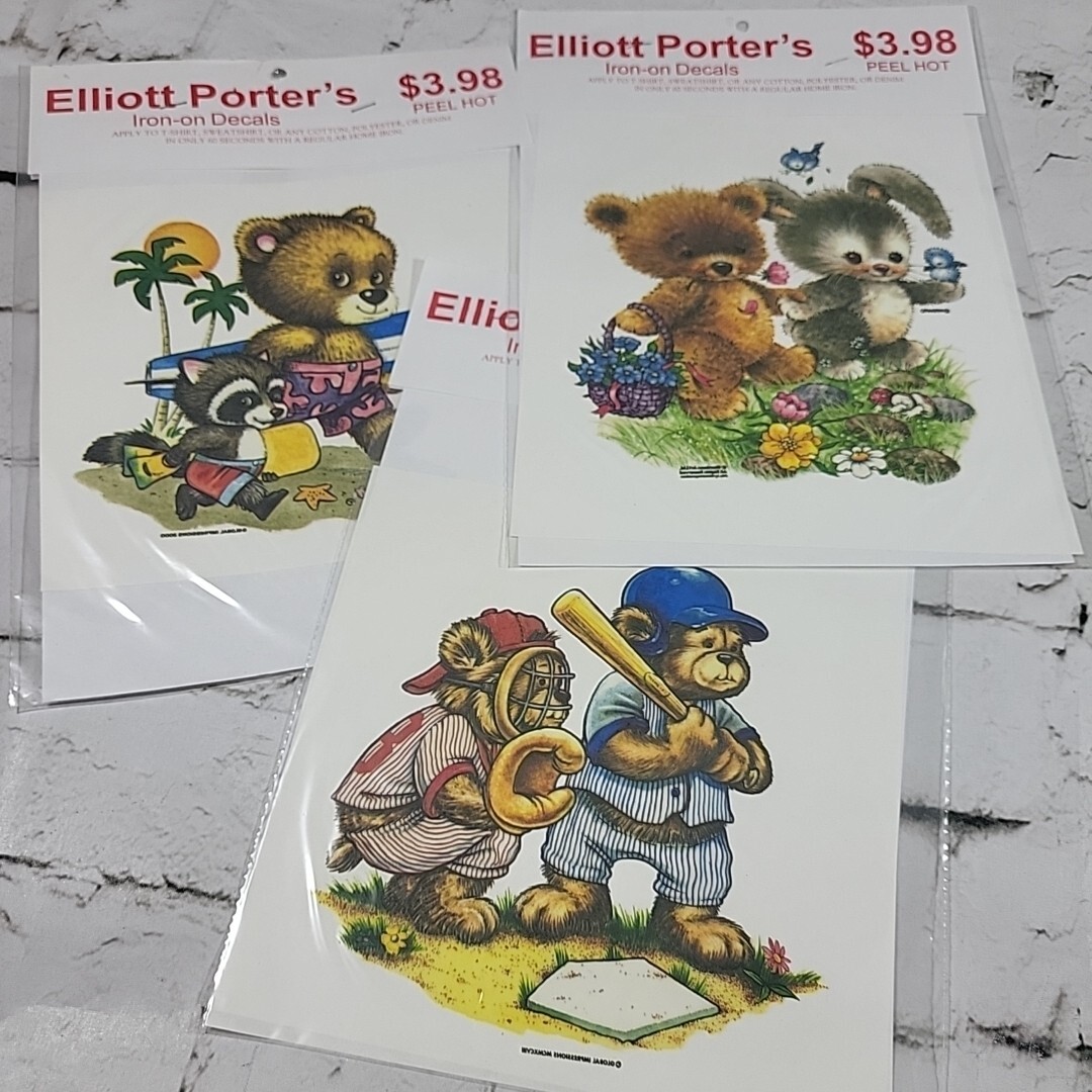 Elliott Porters Iron-On Decals Vintage Lot of 3 Cute Animals Bears Bunnies 
