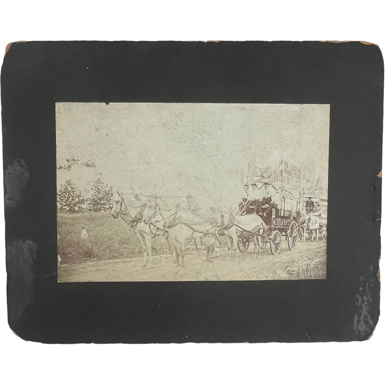 Vintage Horse-Drawn Carriage Black & White Photograph Mounted on Cardboard