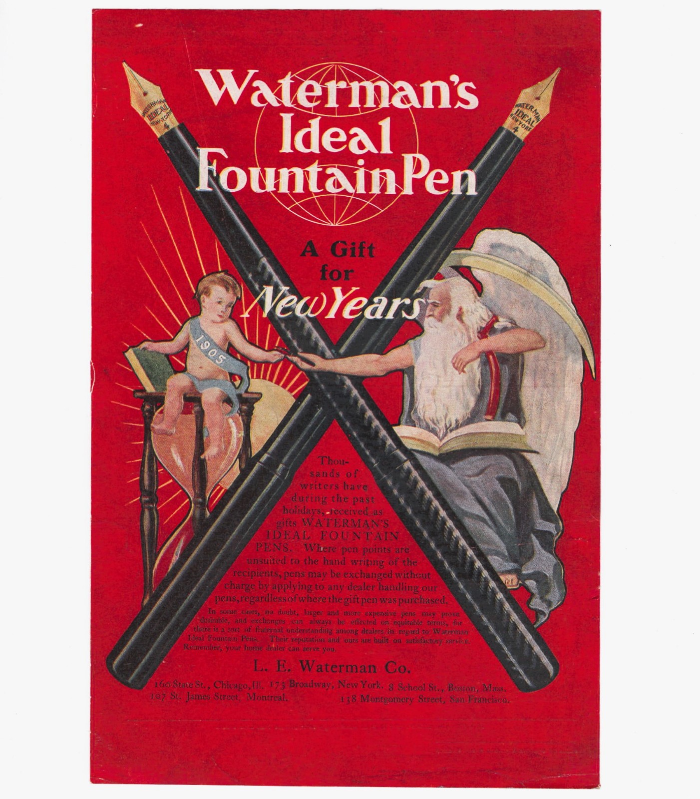 RARE Vintage 1905 Waterman's Ideal Fountain Pen Ad Baby New Year Father Time