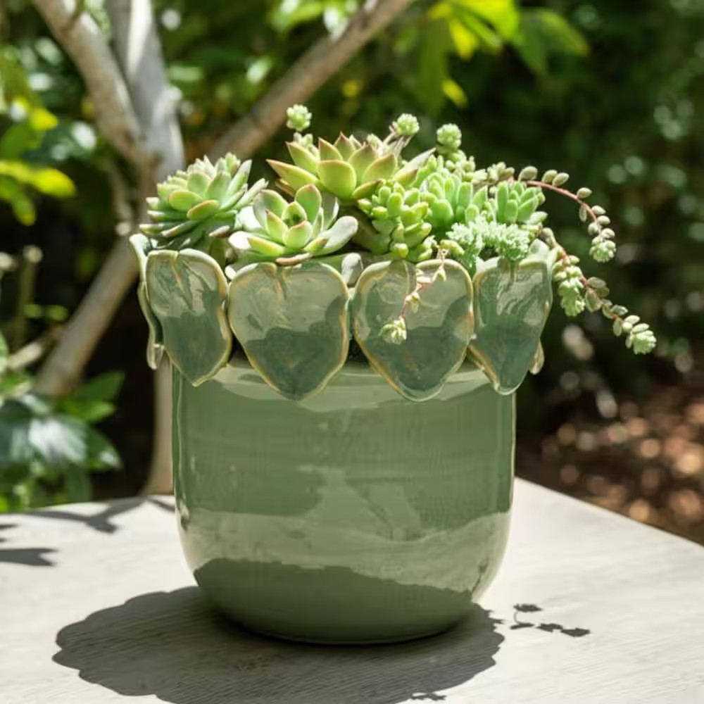 Green Ceramic Sculpted Leaf Applique Decorative Planter (6 in. W x 5.25 in. H)
