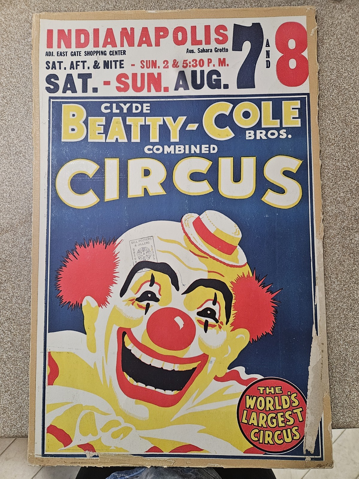 Vtg Clyde Beatty Cole Bros. Circus Poster Indianapolis IN 22” X 14” ORIGINAL Vtg Clyde Beatty Cole Bros. Circus Poster Indianapolis IN 22” X 14” ORIGINAL