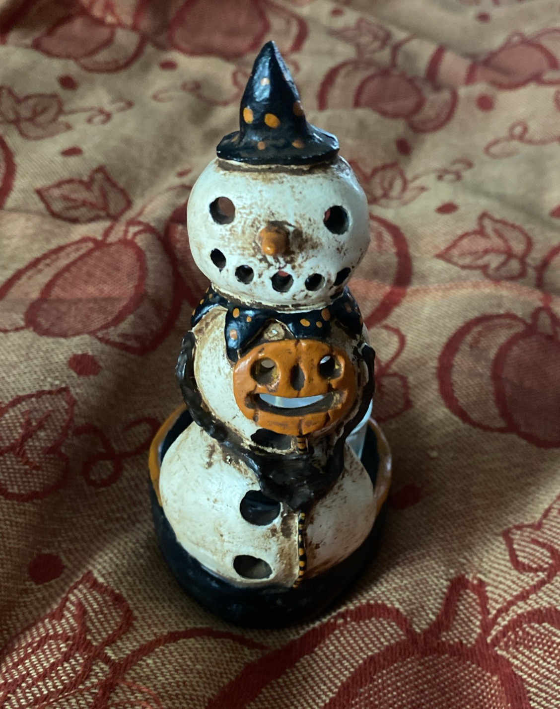 Primitives By Kathy • Halloween Snowman w/ Pumpkin Jack o Lantern Votive Holder