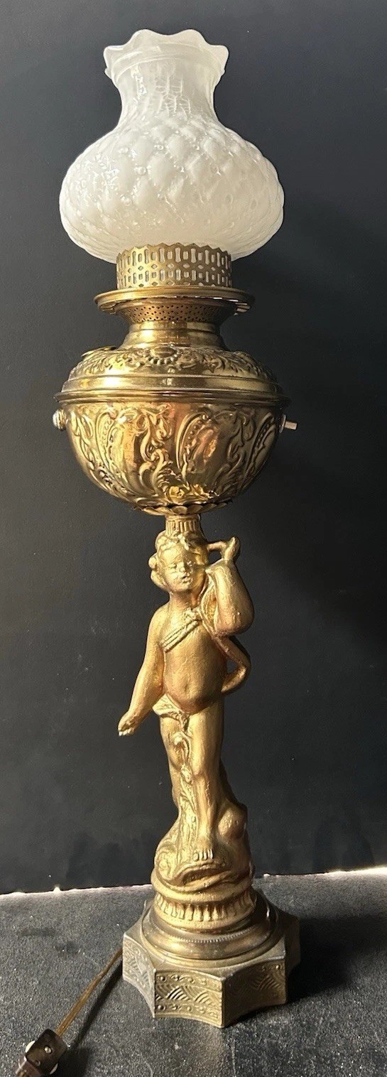 Antique Brass Banquet Parlor Lamp Victorian Electrified Cherub Standing &Shade Antique Brass Banquet Parlor Lamp Victorian Electrified Cherub Standing &Shade
