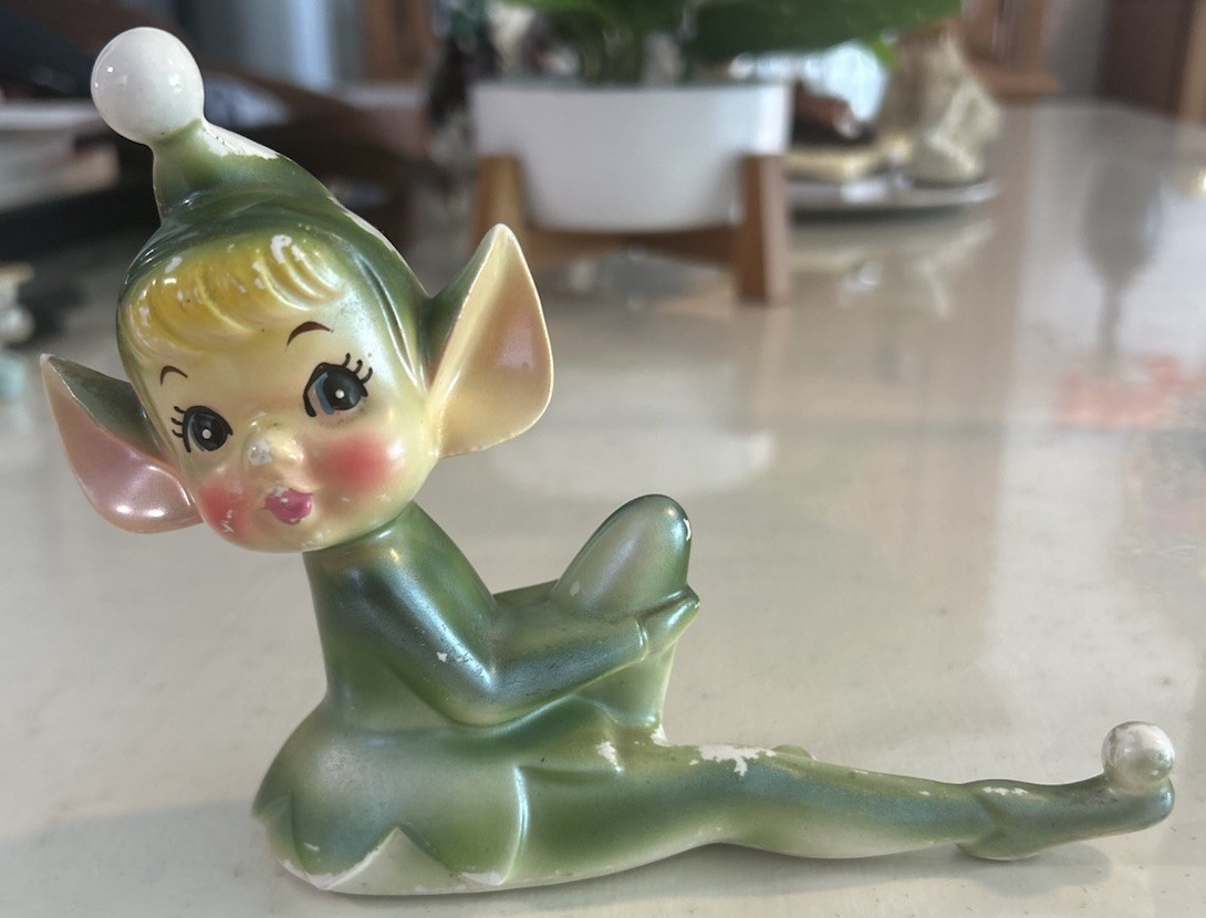 Rare Vintage Ceramic Pixie Elf Figurine Knee Up 1950s Mid-Century Green Japan