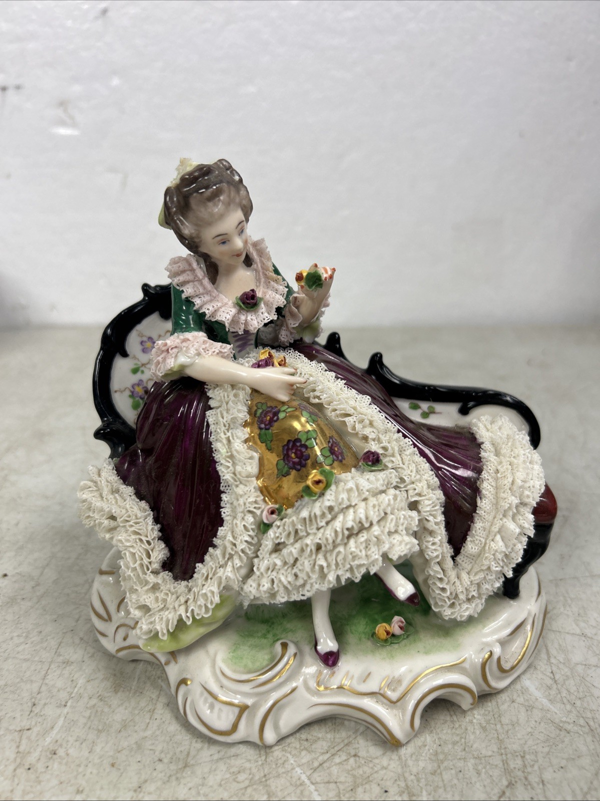 Vintage Volkstedt Germany Porcelain Lady On Settee Couch Figurine Dresden READ Vintage Volkstedt Germany Porcelain Lady On Settee Couch Figurine Dresden READ