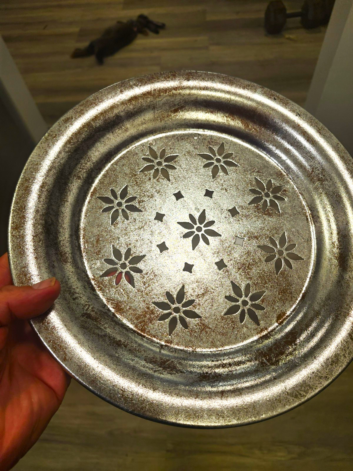 Vintage Aluminum Plate Tray w/ Pierced Floral Cutout Design & Ball Feet