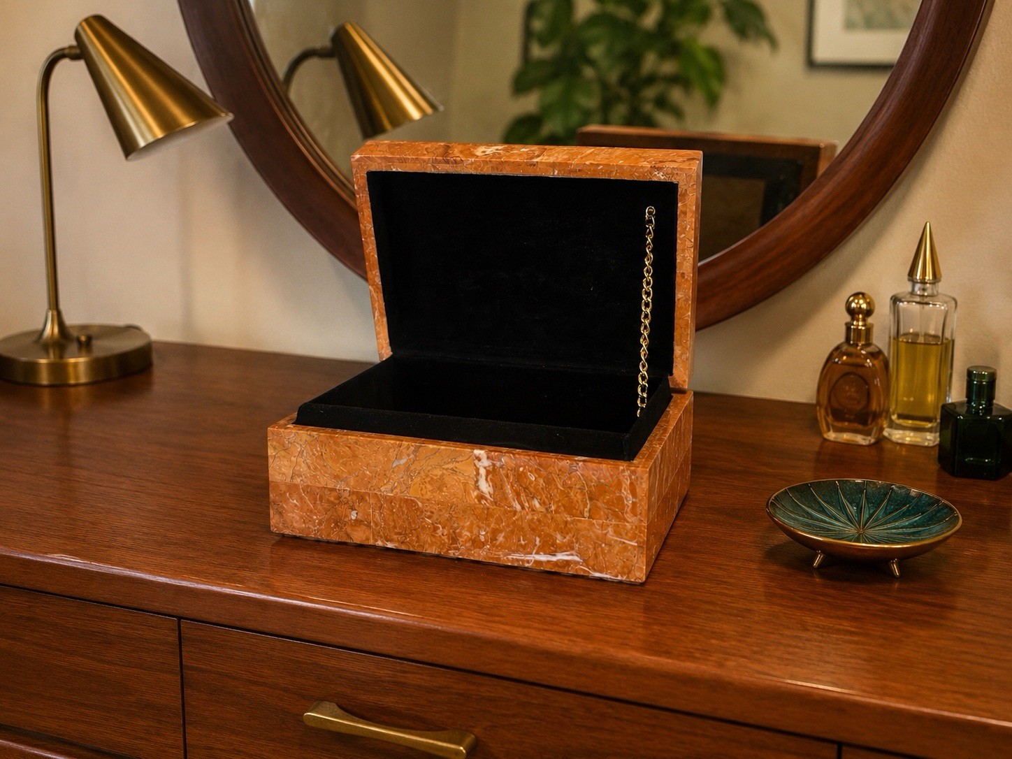 Vintage Tessellated Red Marble Jewelry Box With Velvet Lining